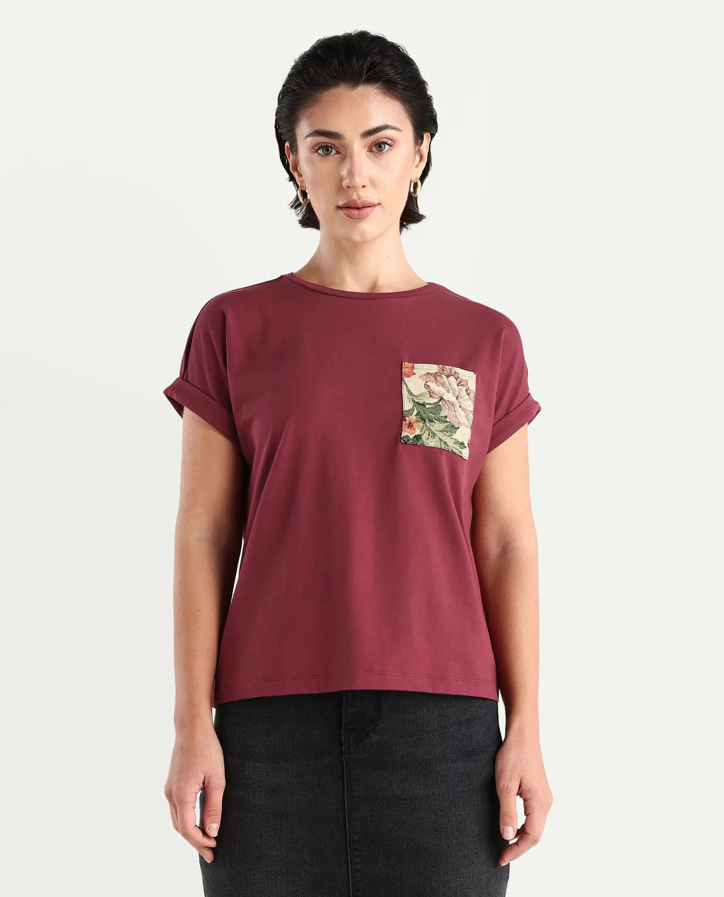 Rareism Women's Tasse Maroon Cotton Blend Crew Neck Graphic Print Extended Sleeves Relaxed Fit T-Shirt