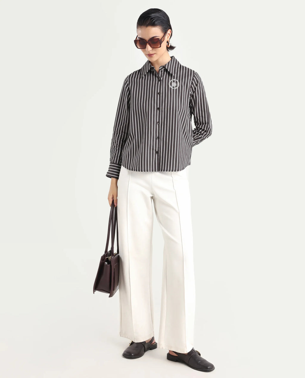 Rareism Women's Teevee Brown Cotton Drop Collar Striped Cuffed Sleeve Regular Fit Shirt