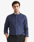 Rare Rabbit Men's Tehran Navy Cotton Plain Regular Fit Full Sleeve Mandarin Collar Shirt