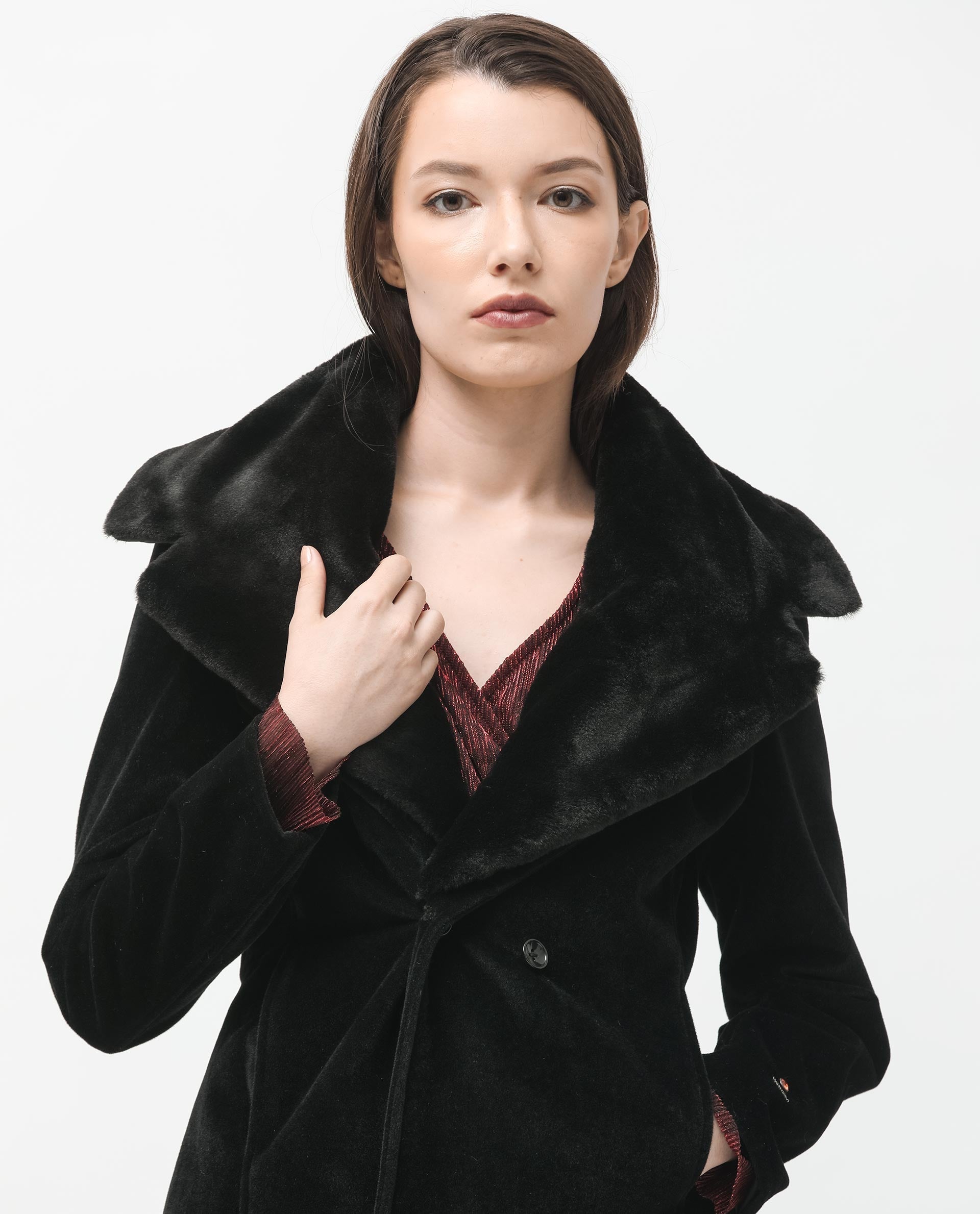 Rareism Women's Teich Black Polyester Lapel Neck Plain Knee Length Regular Fit Long Coat