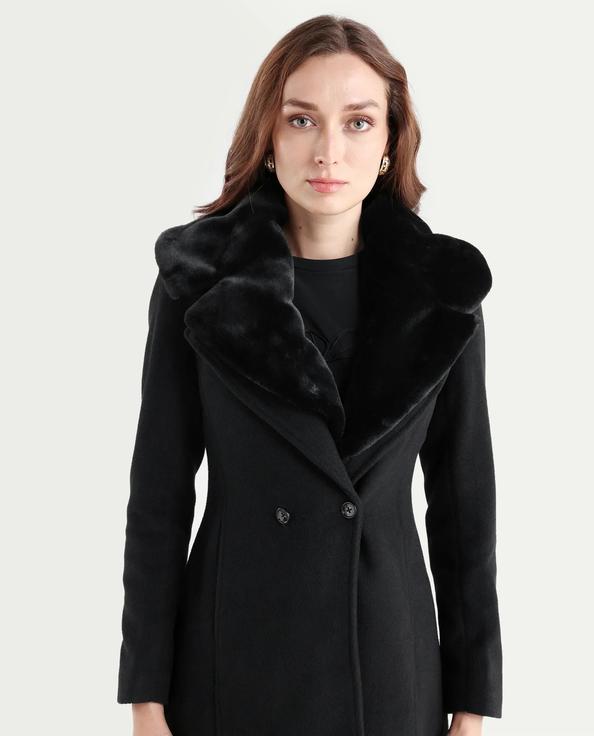 Rareism Women's Teich 1 Black Lapel Neck Plain Midi Regular Fit Jacket