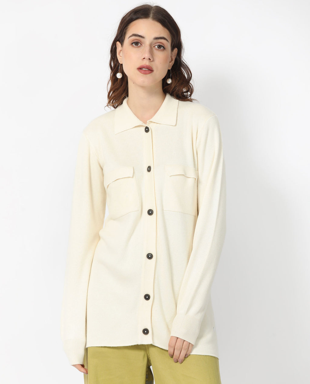 Rareism Women's Telkon Off White Viscose Spread Collar Plain Regular Fit Sweater