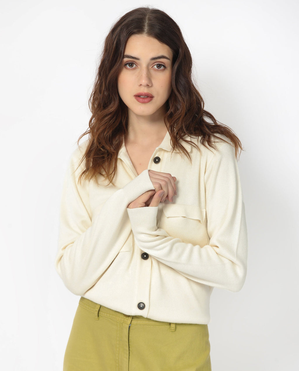 Rareism Women's Telkon Off White Viscose Spread Collar Plain Regular Fit Sweater