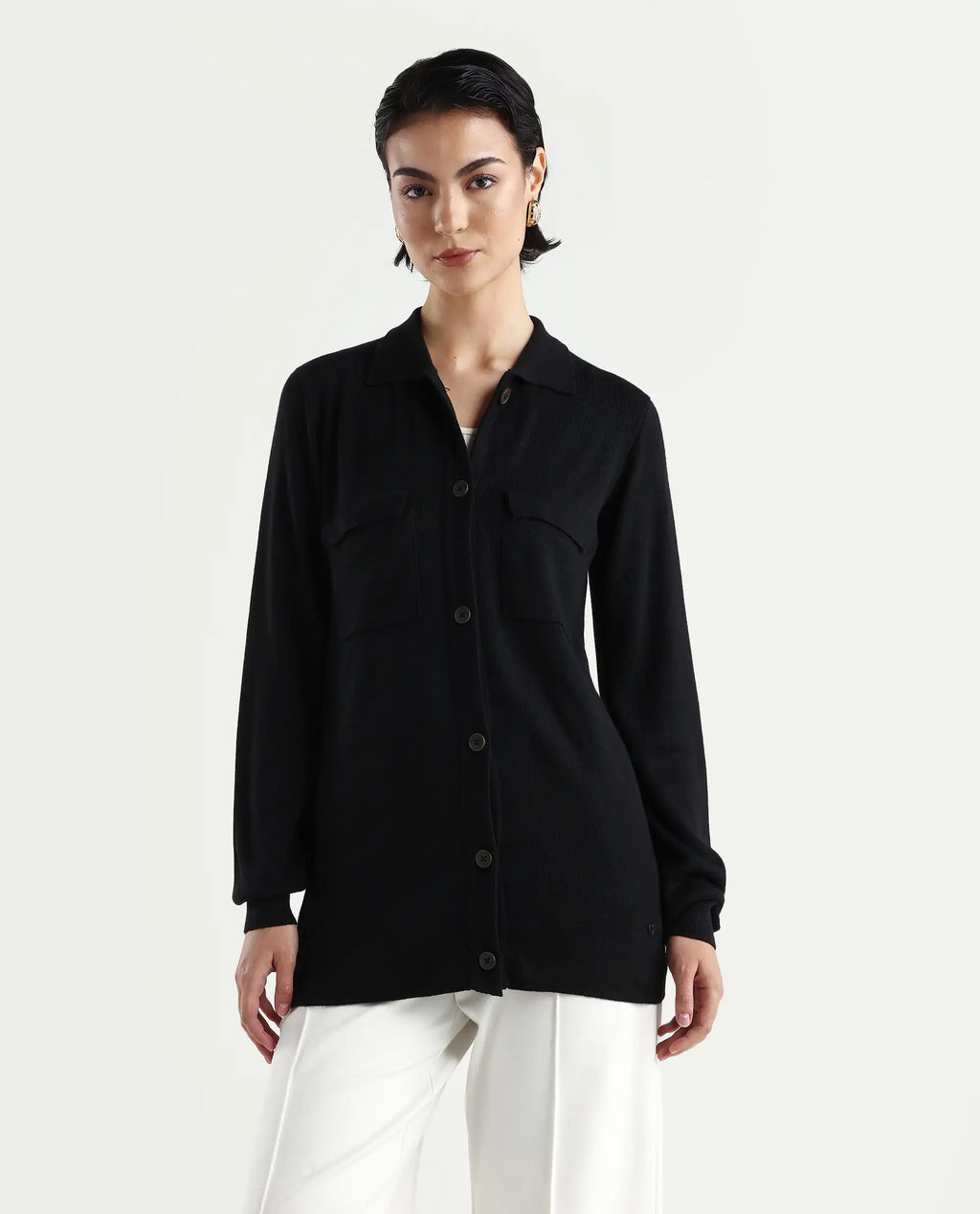 Rareism Women's Telkon Black Viscose Spread Collar Plain Regular Fit Sweater