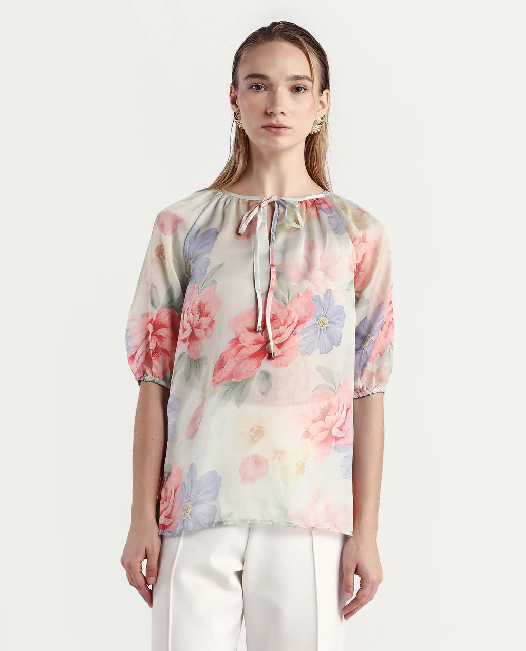 Rareism Women's Tella Light Green Cotton Tie-Up Neck Floral Print Raglan Sleeve Relaxed Fit Top