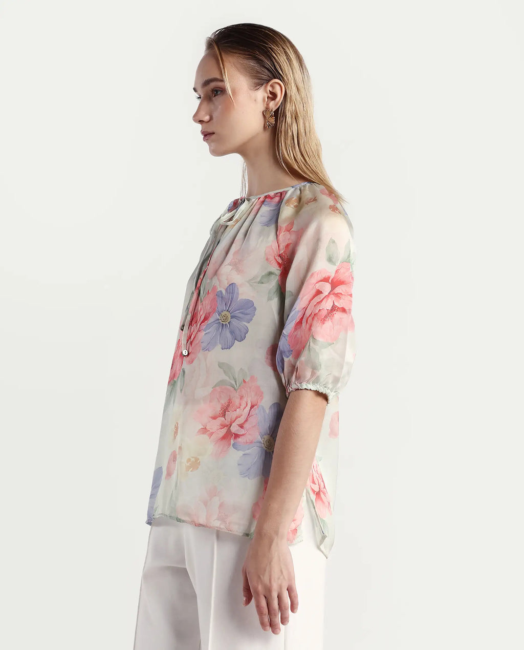 Rareism Women's Tella Light Green Cotton Tie-Up Neck Floral Print Raglan Sleeve Relaxed Fit Top