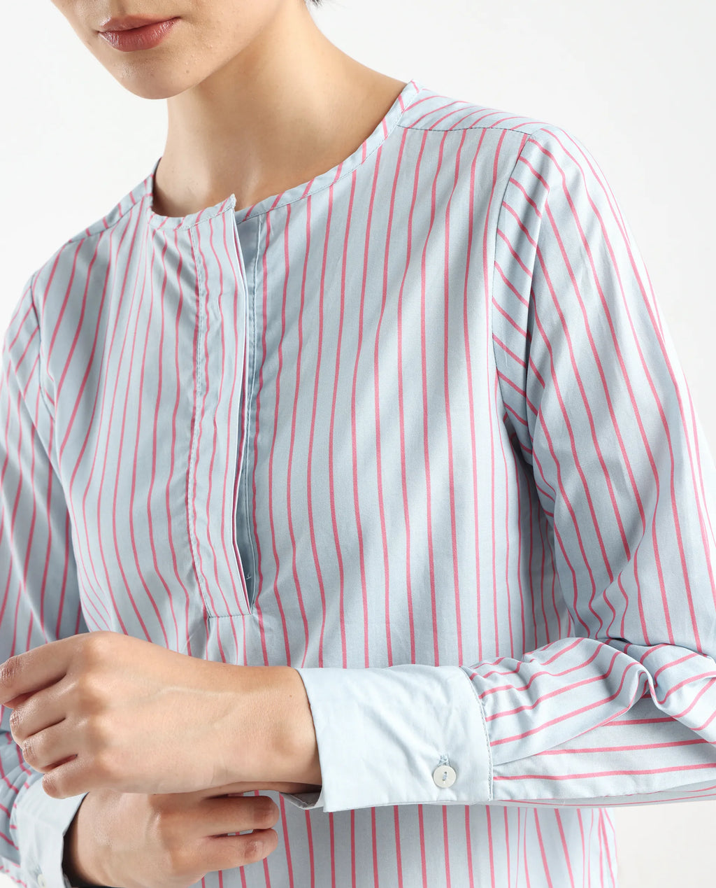 Rareism Women's Telma Blue Cotton Crew Neck Striped Cuffed Sleeve Regular Fit Top