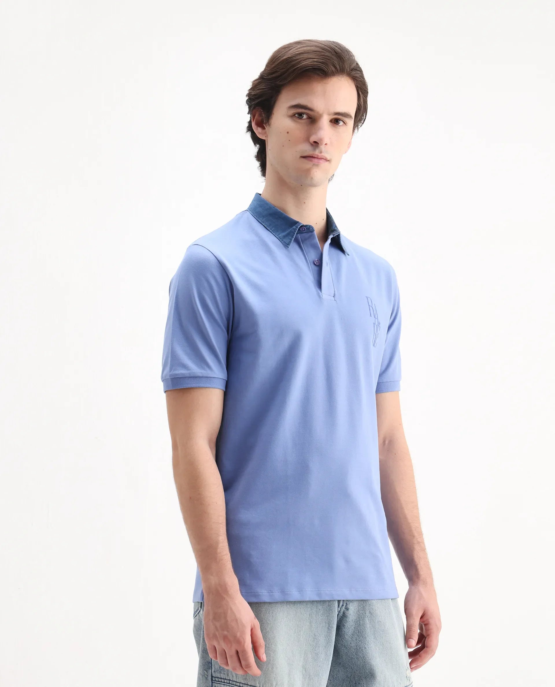 Rare Rabbit Men's Tem Blue Cotton Plain Regular Fit Half Sleeve Polo