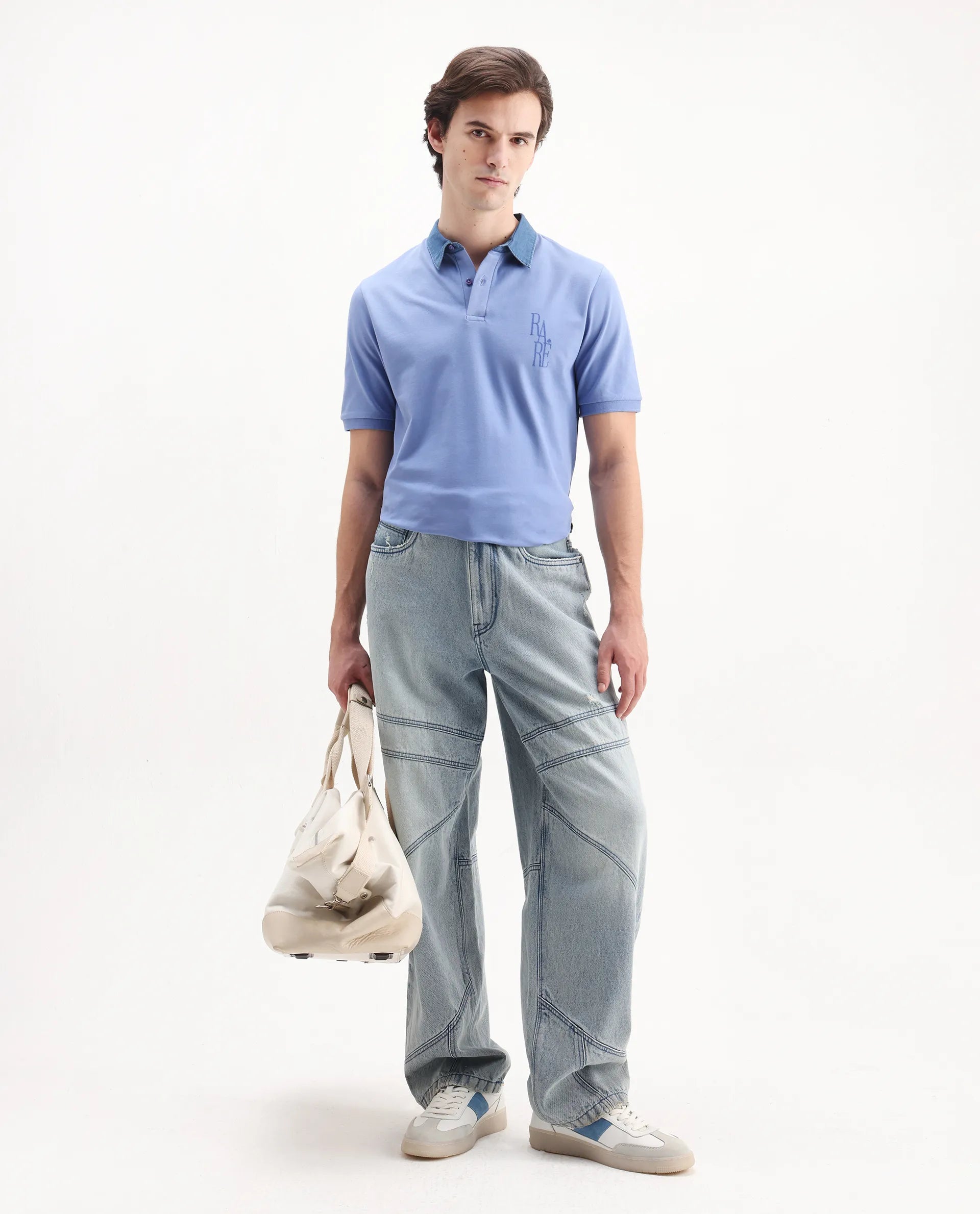 Rare Rabbit Men's Tem Blue Cotton Plain Regular Fit Half Sleeve Polo
