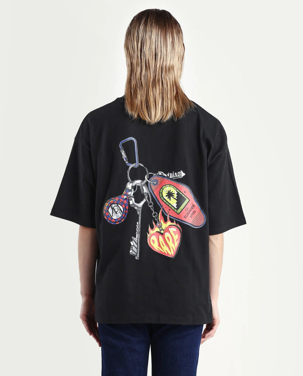 Rareism Women's Tenk Black Cotton Graphic Print Oversized T-Shirt
