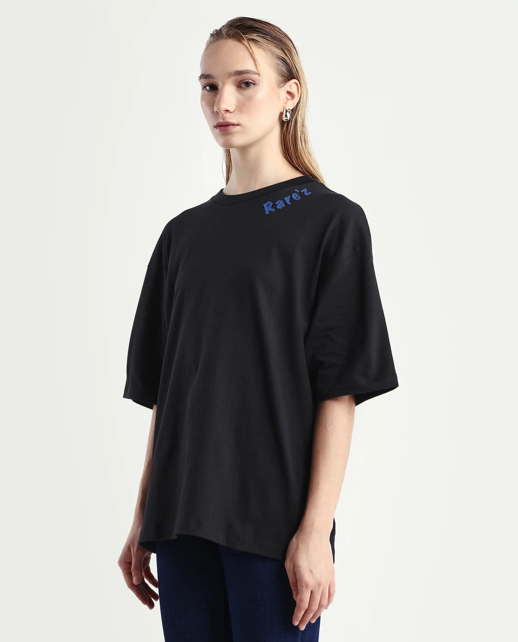 Rareism Women's Tenk Black Cotton Graphic Print Oversized T-Shirt