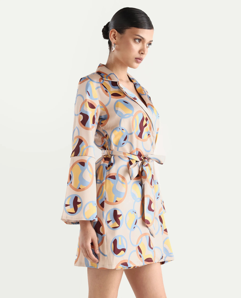 Rareism Women's Tepec Light Multi Satin Lapel Neck Abstract Print Bell Sleeve Mini Regular Fit Dress