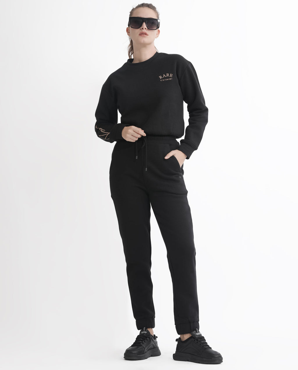 Rareism Women's Terac F Black Polyester Blend Plain Ankle Length Regular Fit Track Pant