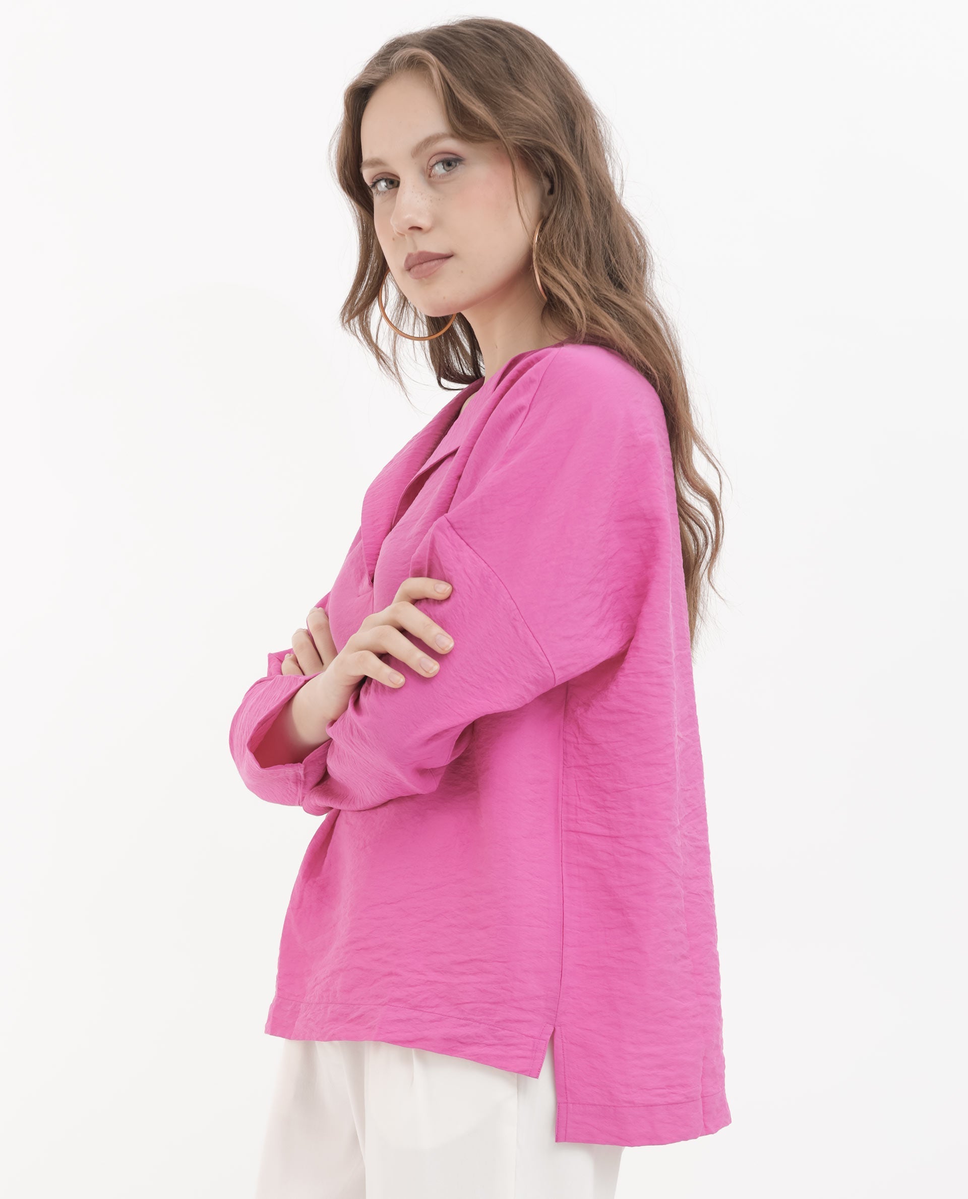 Rareism Women's Nylon Blend Lapel Neck Plain Relaxed Fit Top