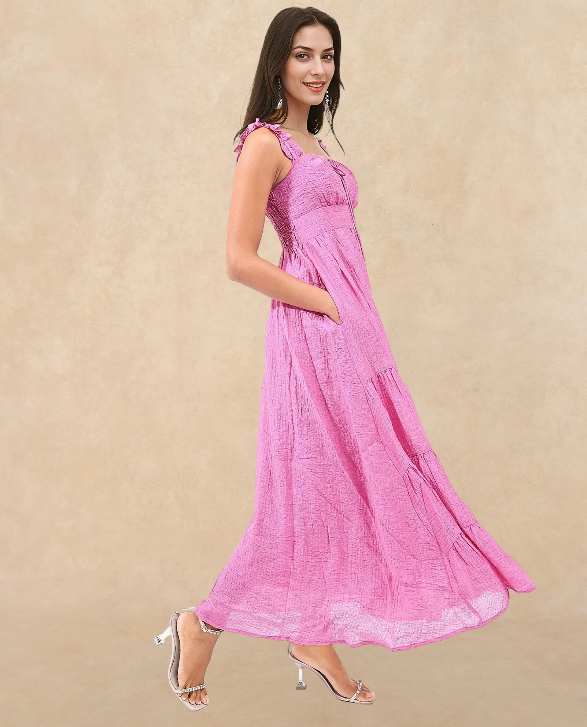 Rareism Women's Tesi Flouroscent Pink Rayon Square Neck Plain Shoulder Strap Midi Fit And Flare Dress