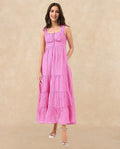 Rareism Women's Tesi Flouroscent Pink Rayon Square Neck Plain Shoulder Strap Midi Fit And Flare Dress