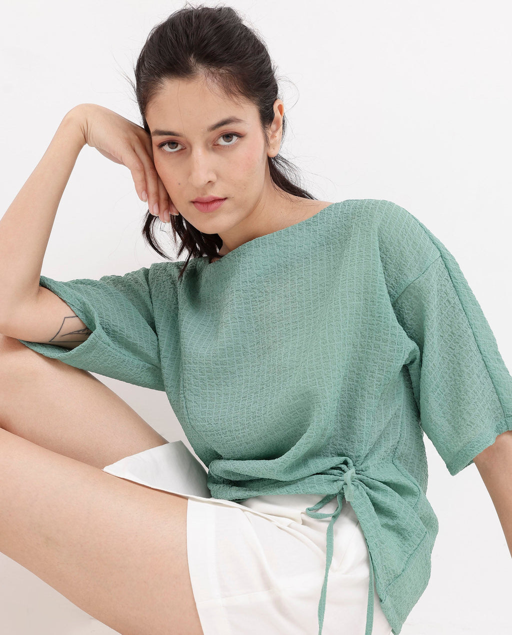 Rareism Women Texmer Green Short Sleeve Boat Neck Plain Top