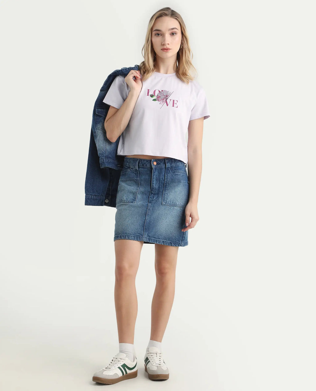 Rareism Women's Thea Pastel Purple Cotton Blend Crew Neck Graphic Print Crop Regular Fit T-Shirt