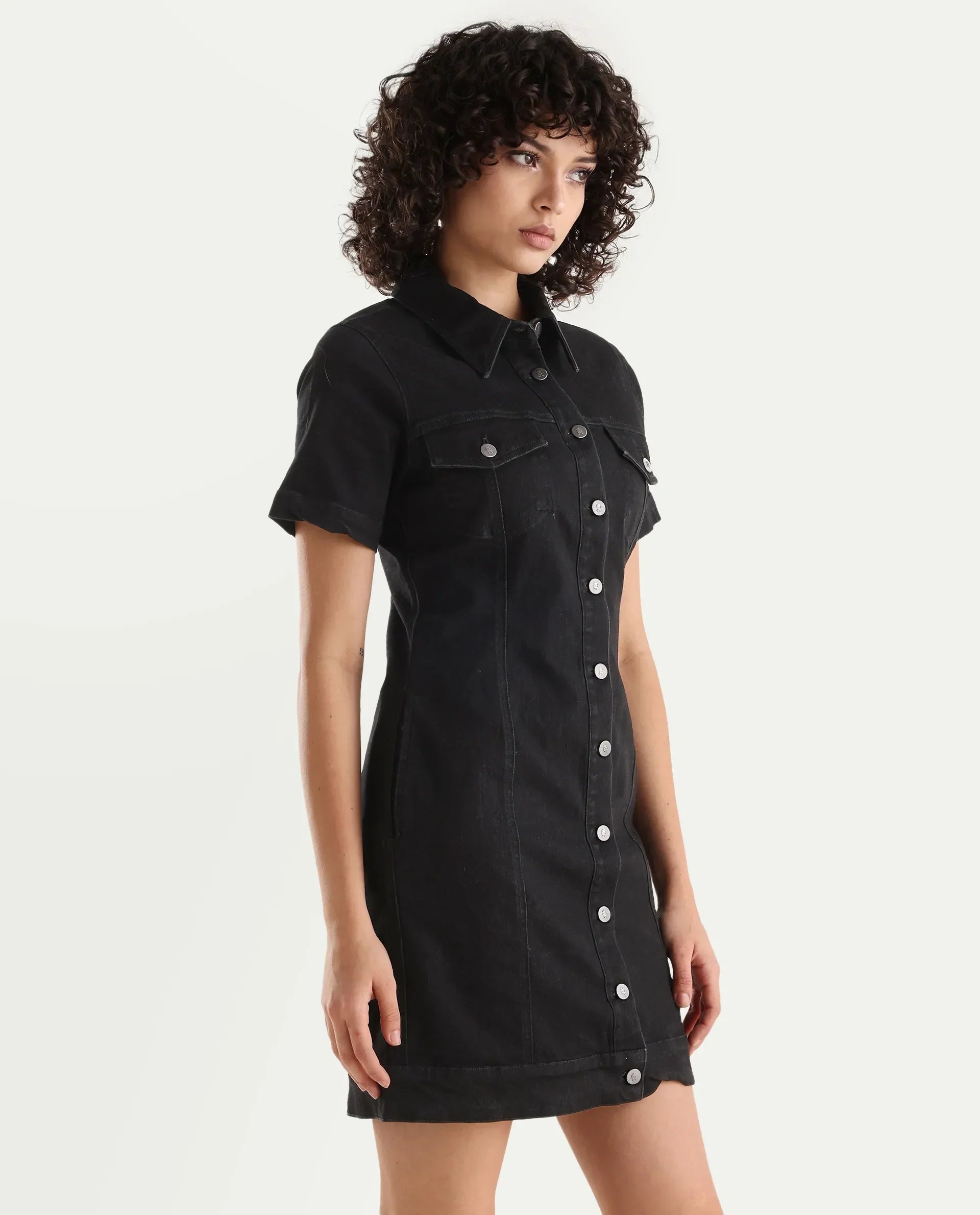 Rareism Women's Thio Black Cotton Blend Spread Collar Plain Knee Length Fitted Dress