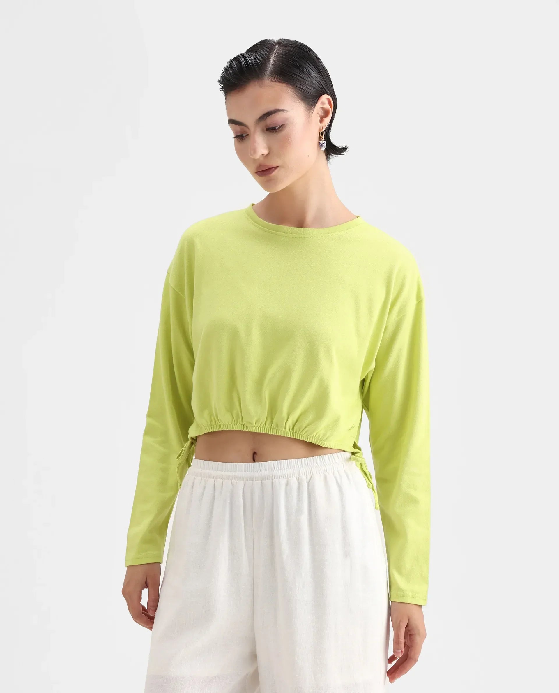 Rareism Women's Thistle Flouroscent Green Cotton Crew Neck Plain Crop Regular Fit Top