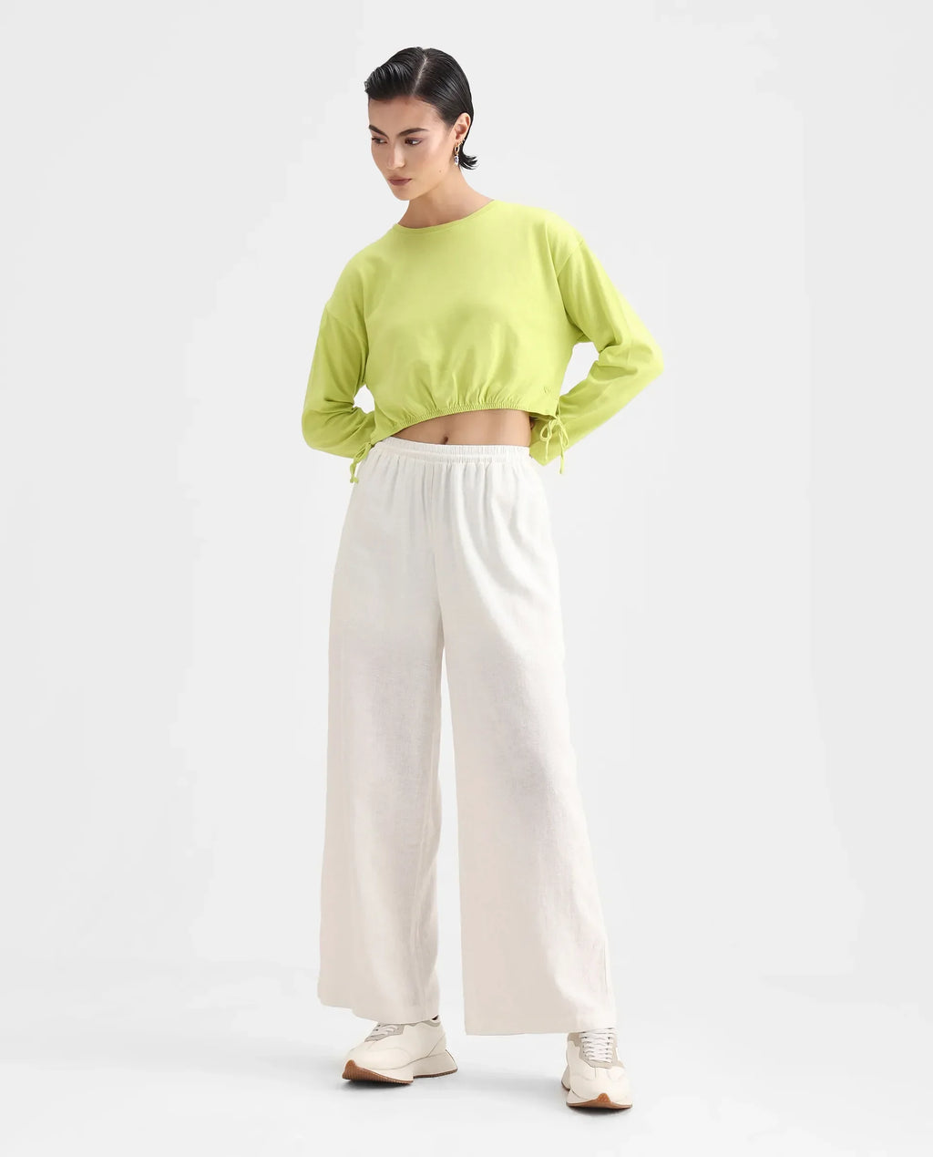 Rareism Women's Thistle Flouroscent Green Cotton Crew Neck Plain Crop Regular Fit Top