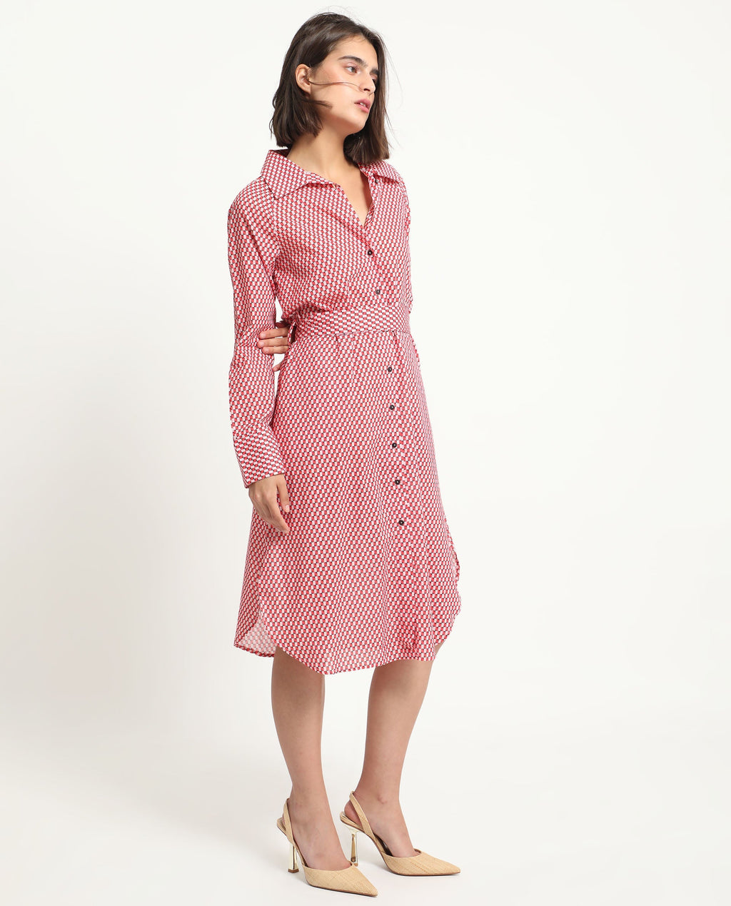 Rareism Women's Thomson Red Cotton Spread Collar Checked Cuffed Sleeve Midi Fit And Flare Dress