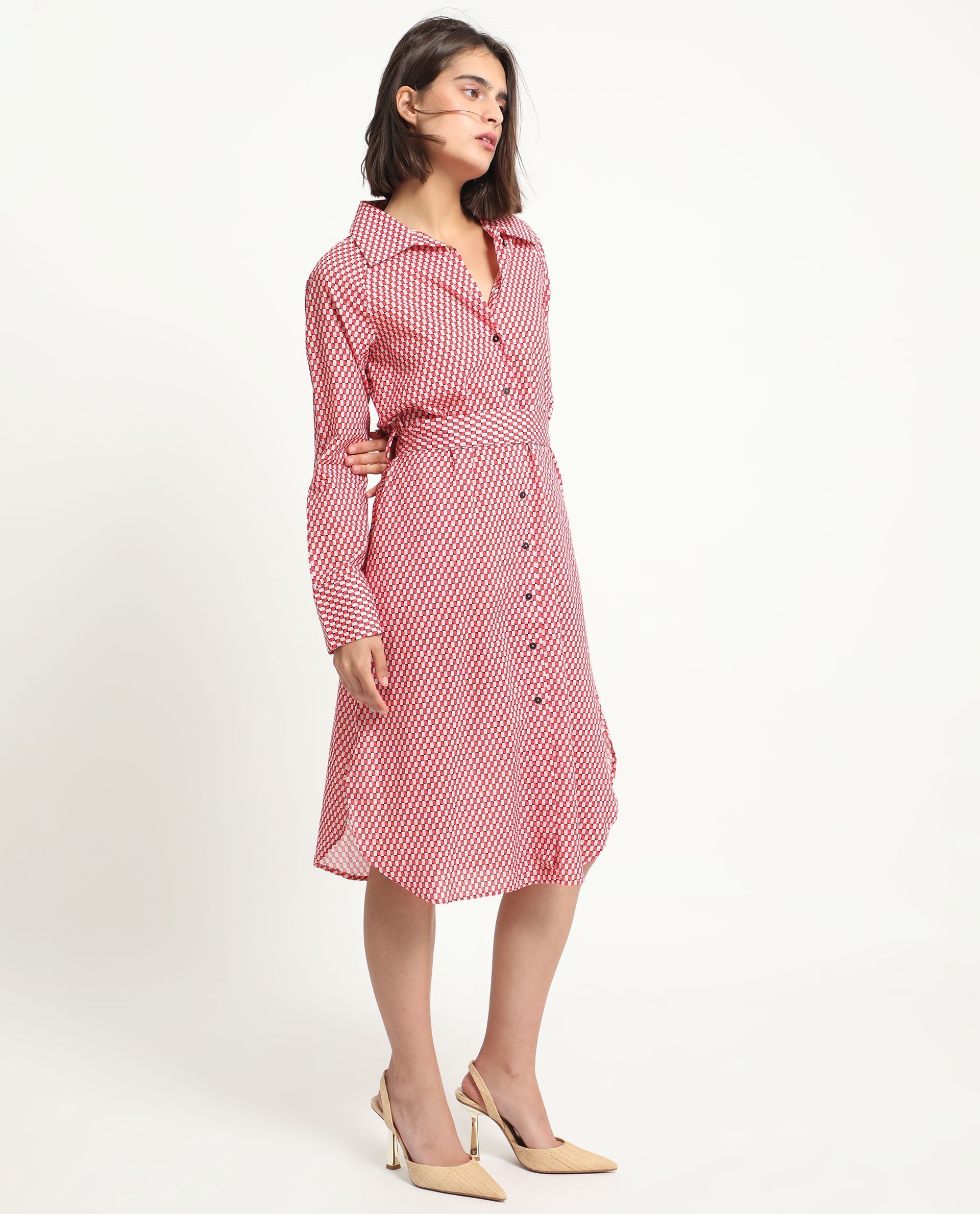 Rareism Women's Thomson Red Cotton Spread Collar Checked Cuffed Sleeve Midi Fit And Flare Dress