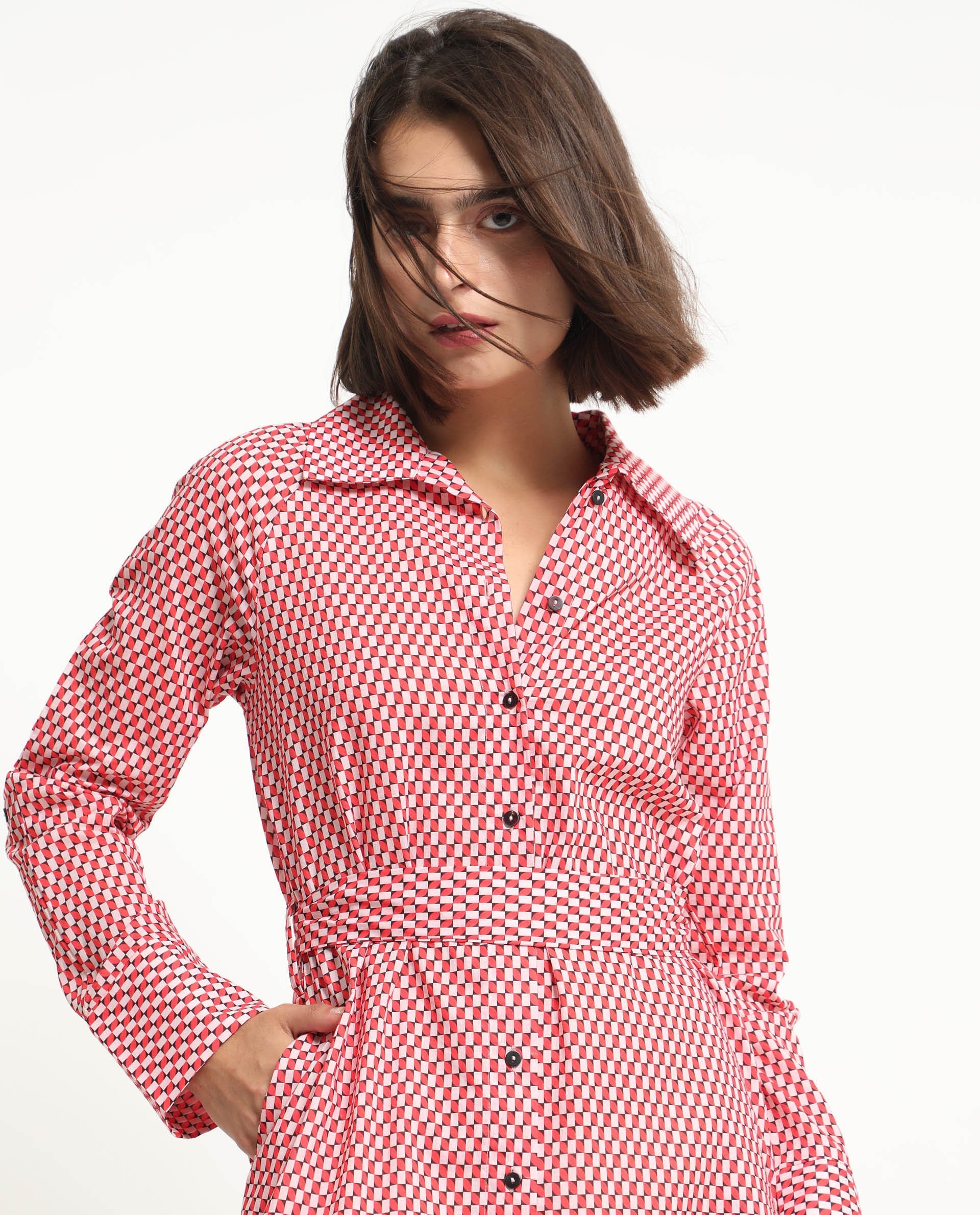 Rareism Women's Thomson Red Cotton Spread Collar Checked Cuffed Sleeve Midi Fit And Flare Dress