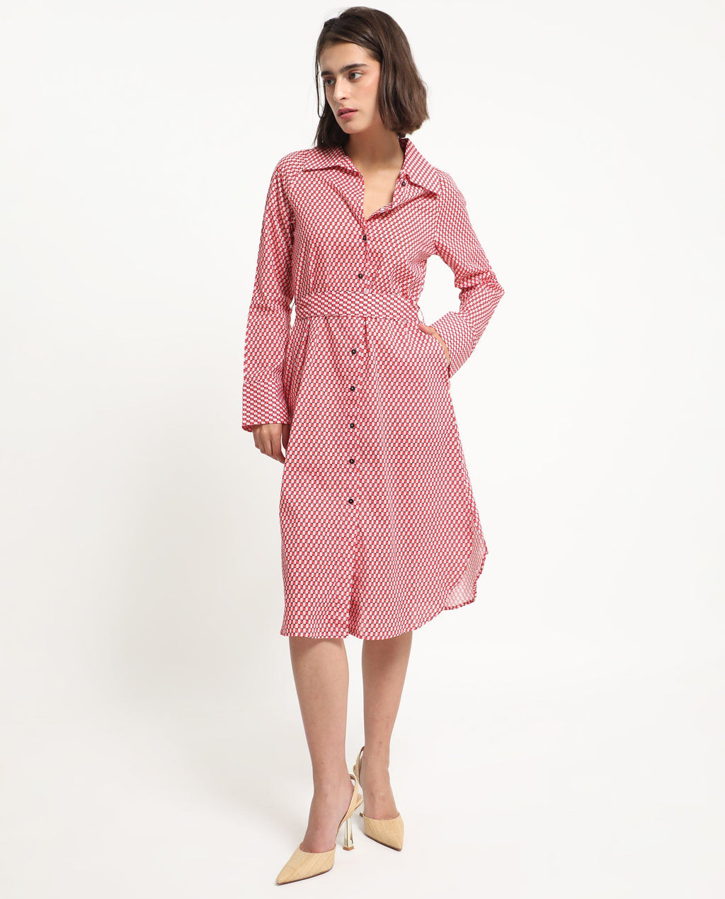 Rareism Women's Thomson Red Cotton Spread Collar Checked Cuffed Sleeve Midi Fit And Flare Dress