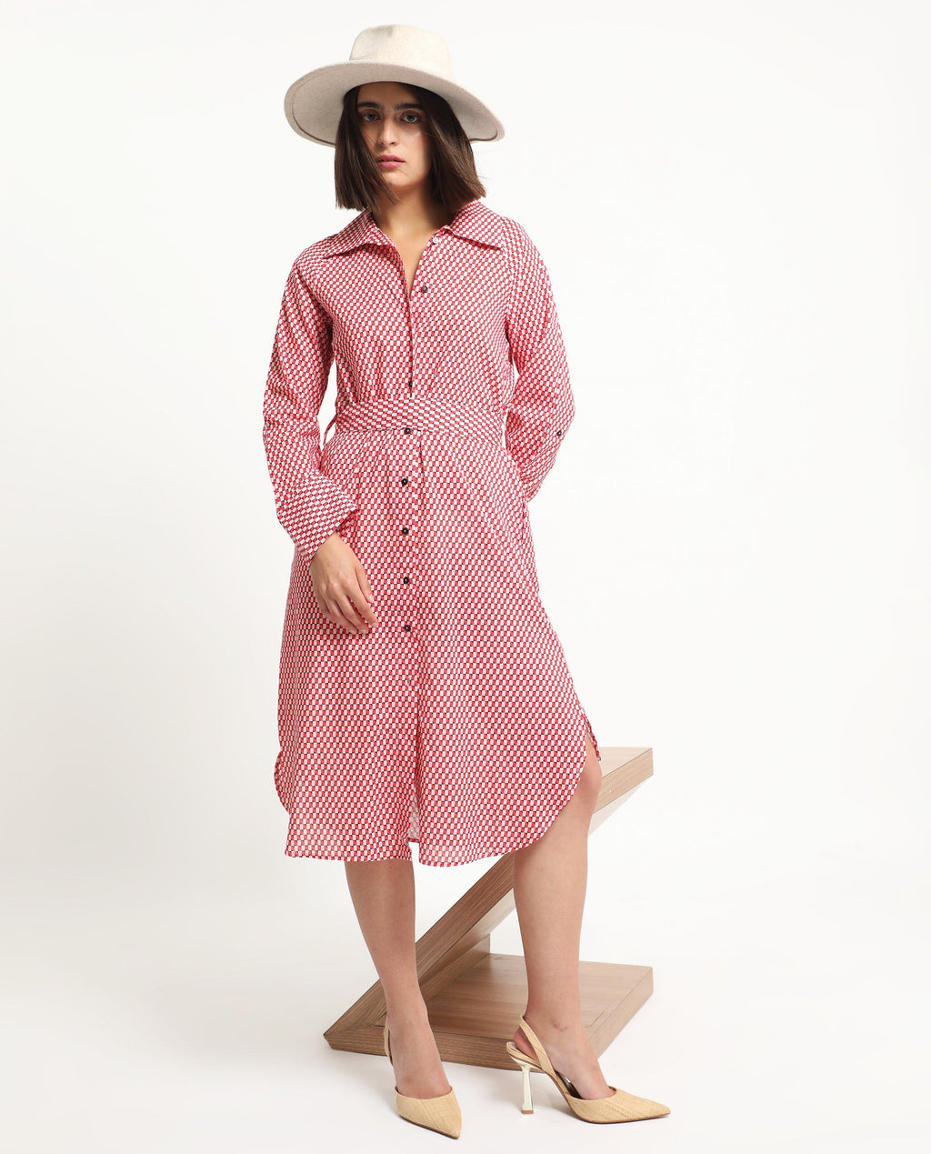 Rareism Women's Thomson Red Cotton Spread Collar Checked Cuffed Sleeve Midi Fit And Flare Dress