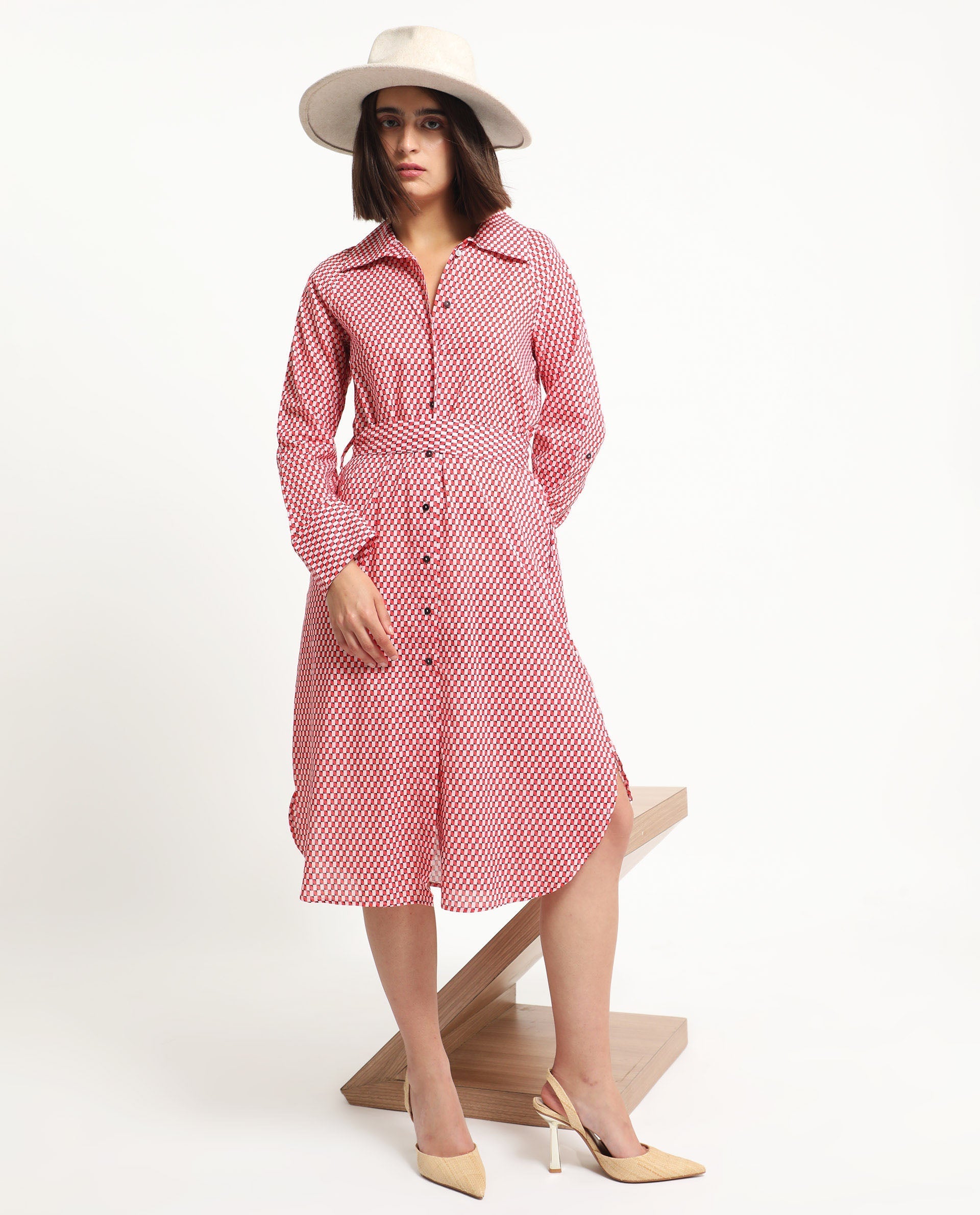Rareism Women's Thomson Red Cotton Spread Collar Checked Cuffed Sleeve Midi Fit And Flare Dress