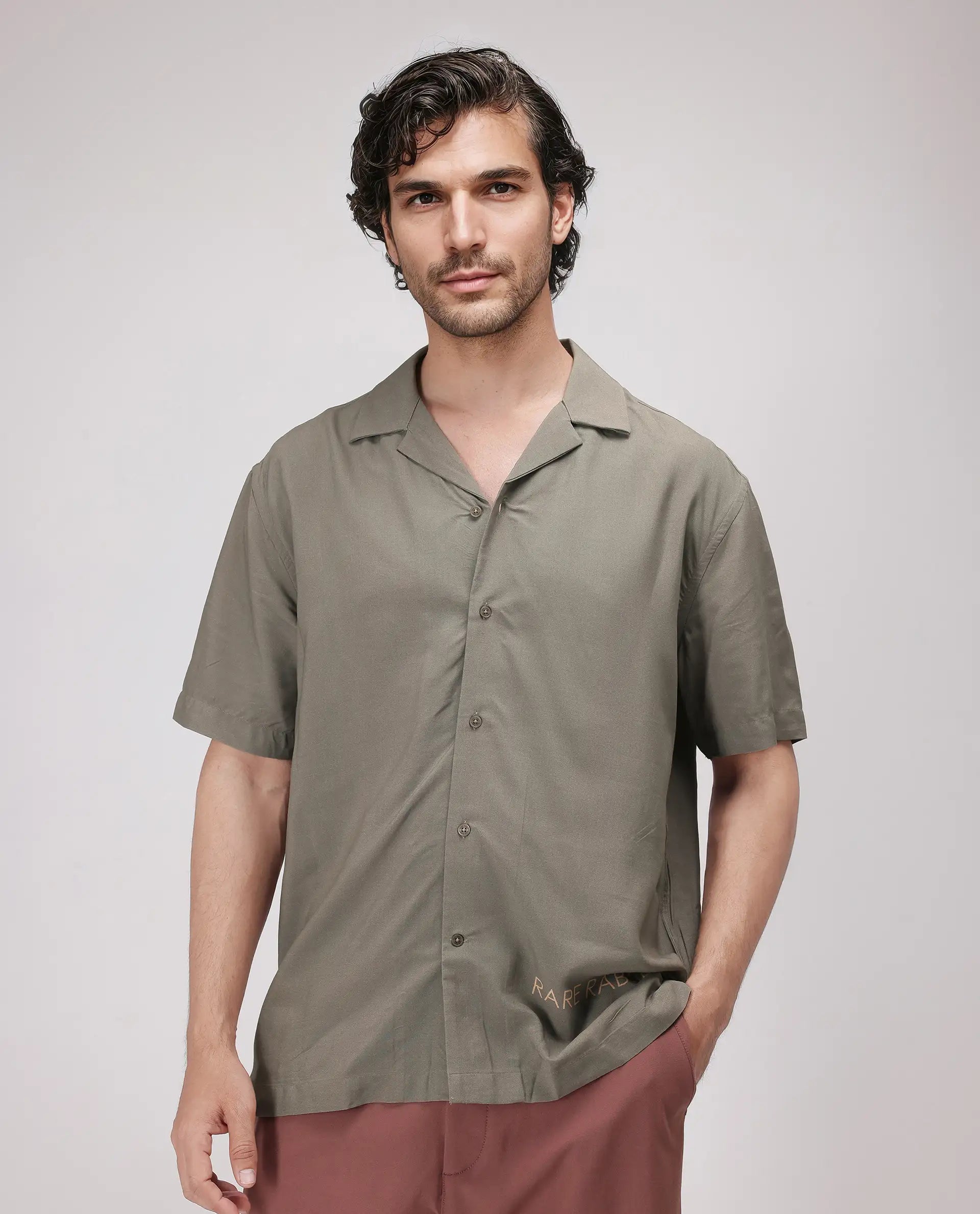 Rare Rabbit Men's Thuban Olive Cotton Graphic Print Boxy Fit Full Sleeve Cuban Collar Shirt