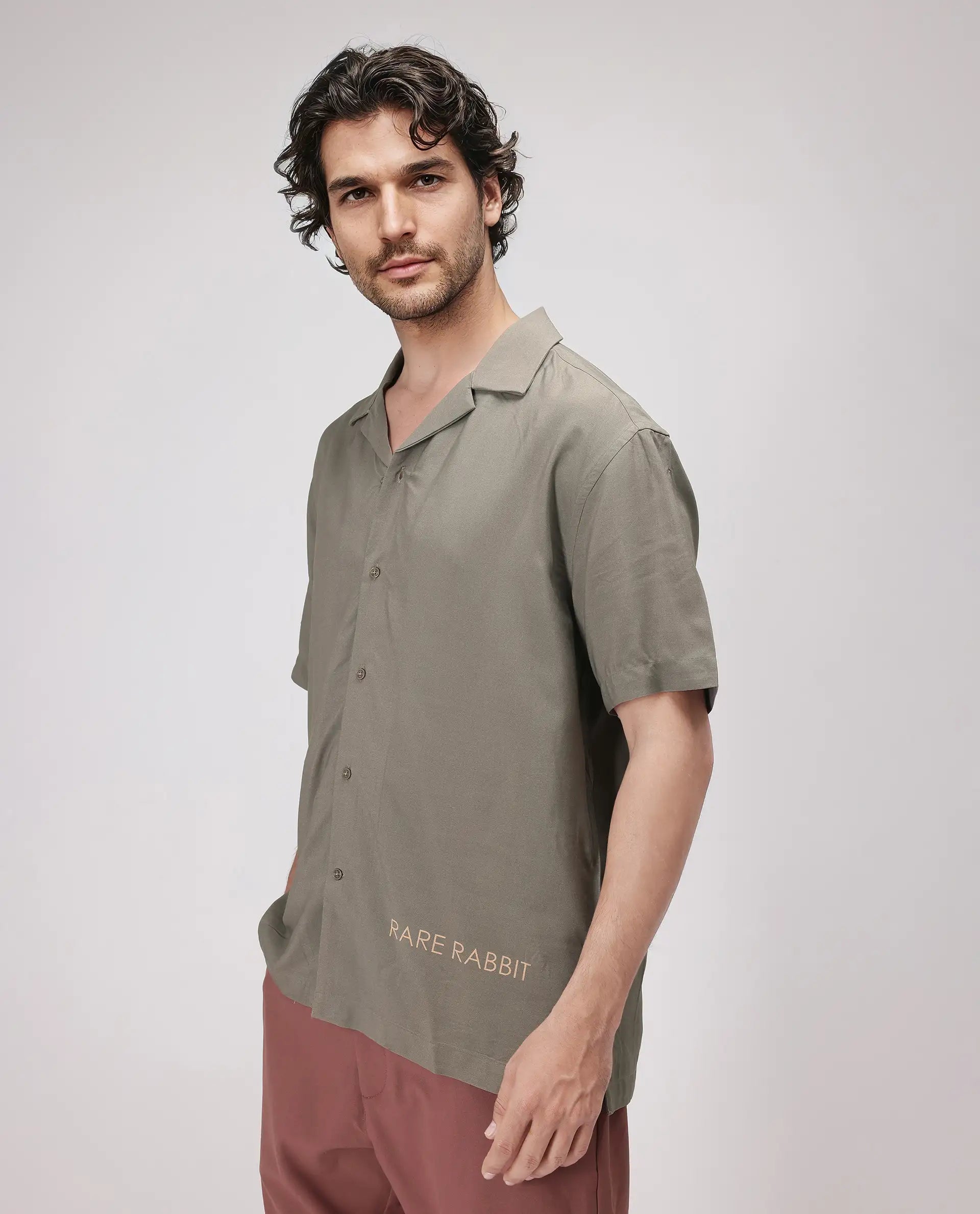 Rare Rabbit Men's Thuban Olive Cotton Graphic Print Boxy Fit Full Sleeve Cuban Collar Shirt
