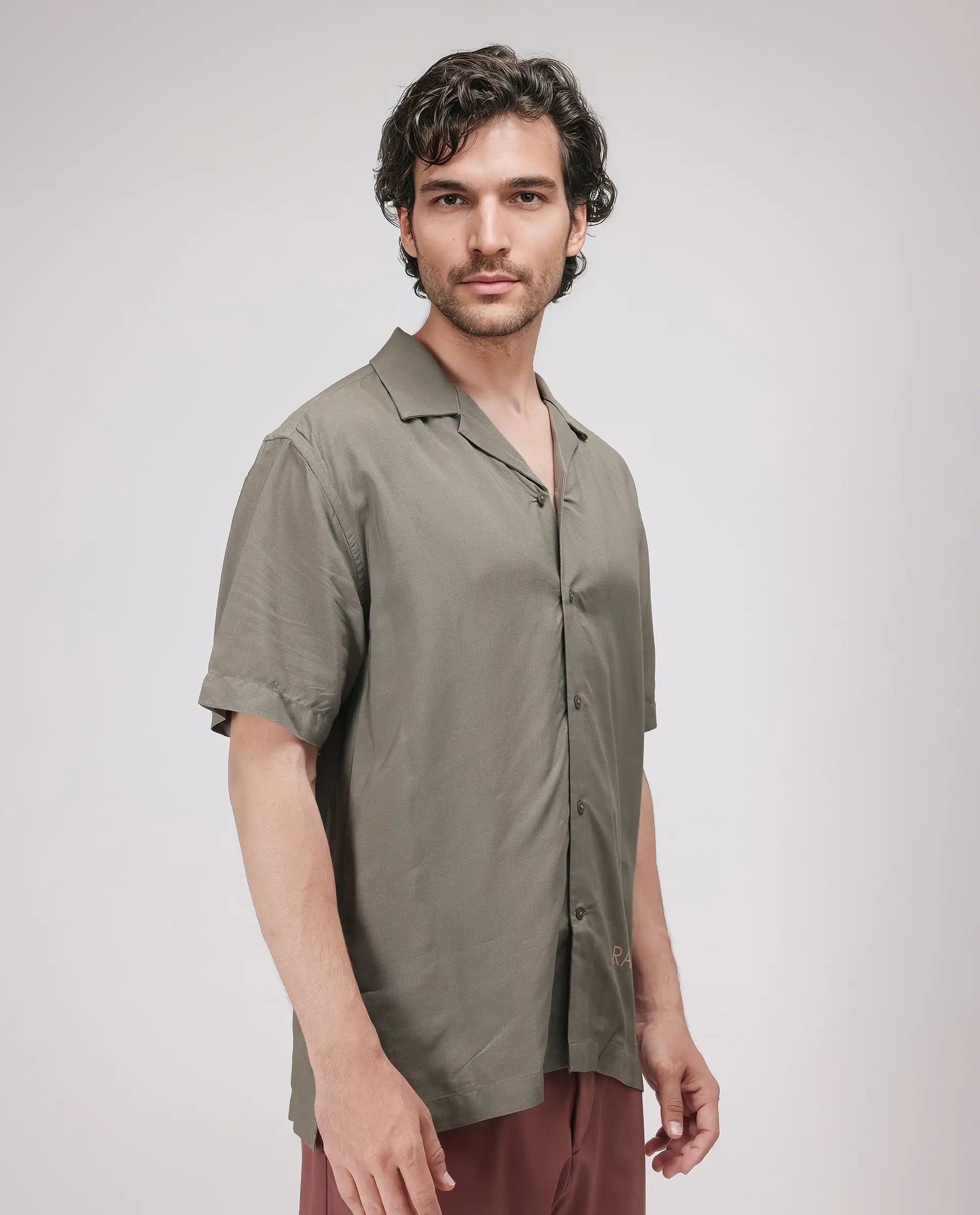 Rare Rabbit Men's Thuban Olive Cotton Graphic Print Boxy Fit Full Sleeve Cuban Collar Shirt