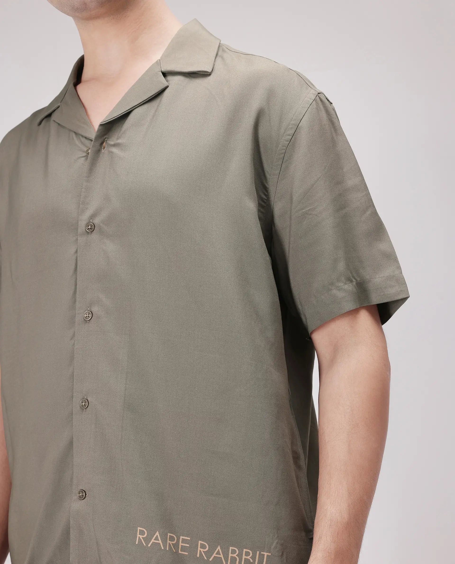 Rare Rabbit Men's Thuban Olive Cotton Graphic Print Boxy Fit Full Sleeve Cuban Collar Shirt