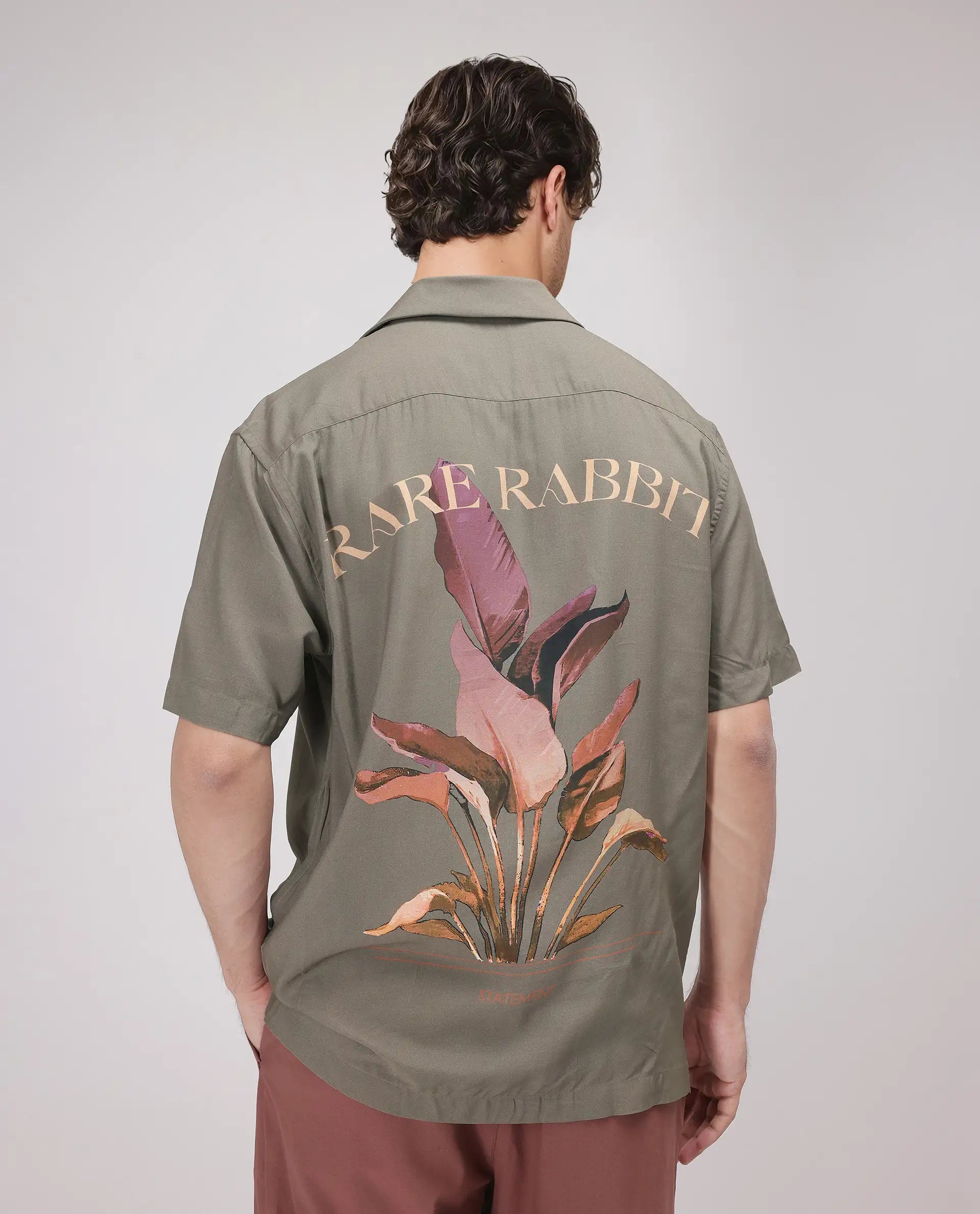 Rare Rabbit Men's Thuban Olive Cotton Graphic Print Boxy Fit Full Sleeve Cuban Collar Shirt