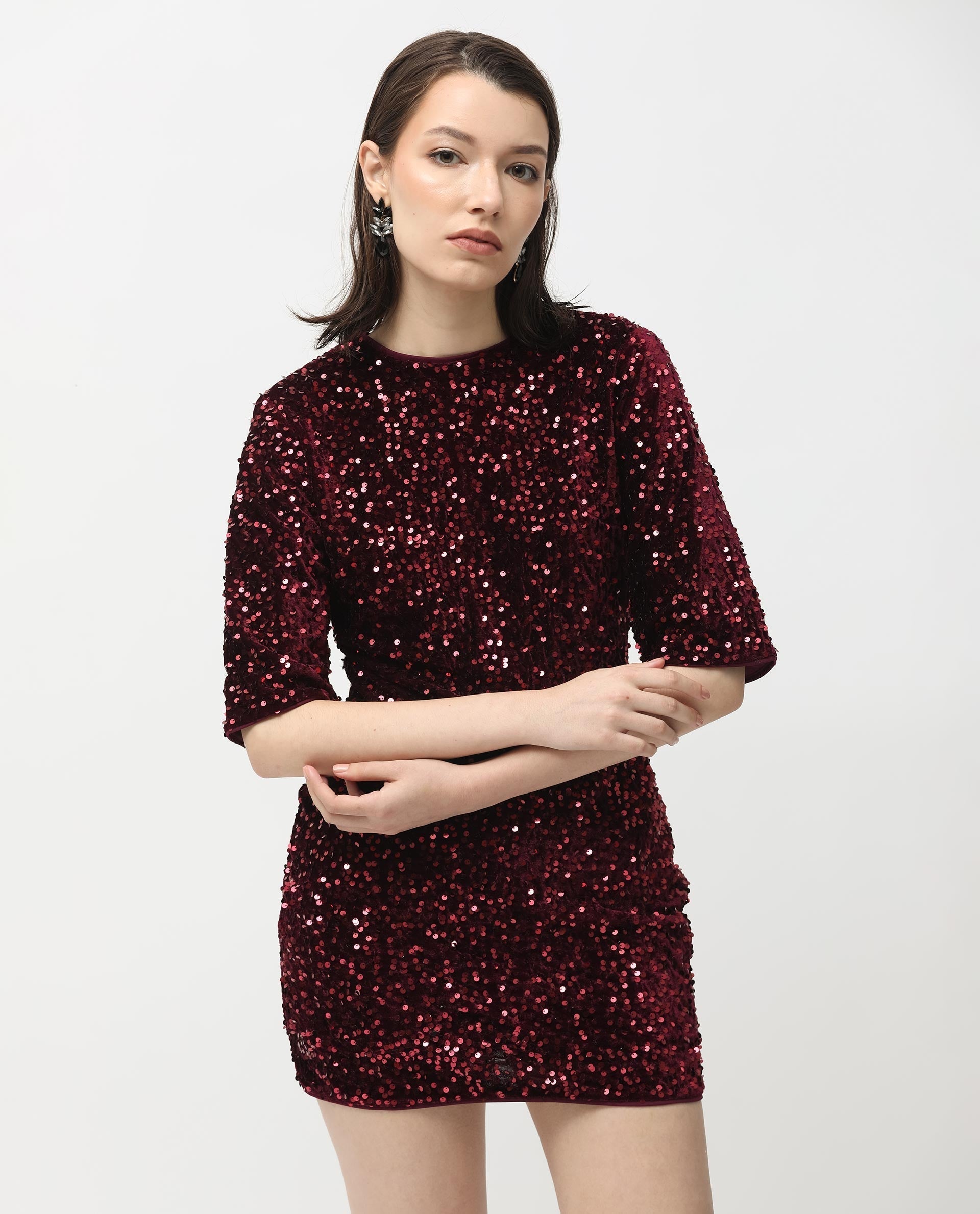 Rareism Women's Tiana Sheen Maroon Polyester Crew Neck Sequined Mini Regular Fit Dress