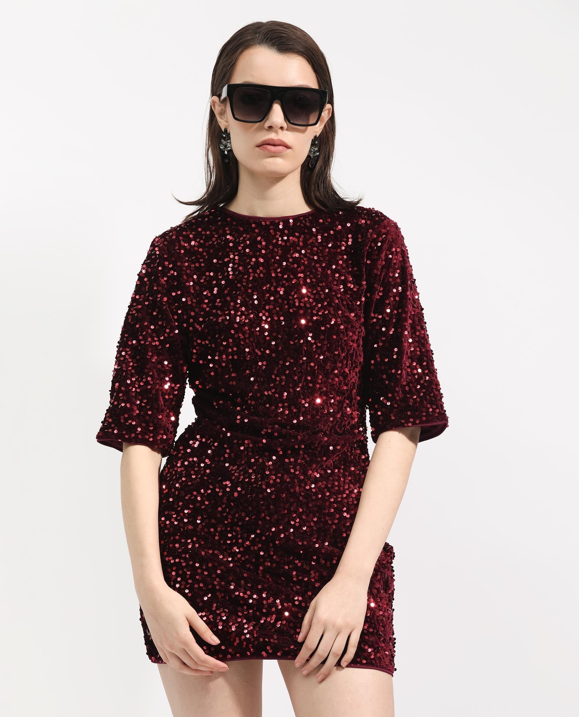 Rareism Women's Tiana Sheen Maroon Polyester Crew Neck Sequined Mini Regular Fit Dress