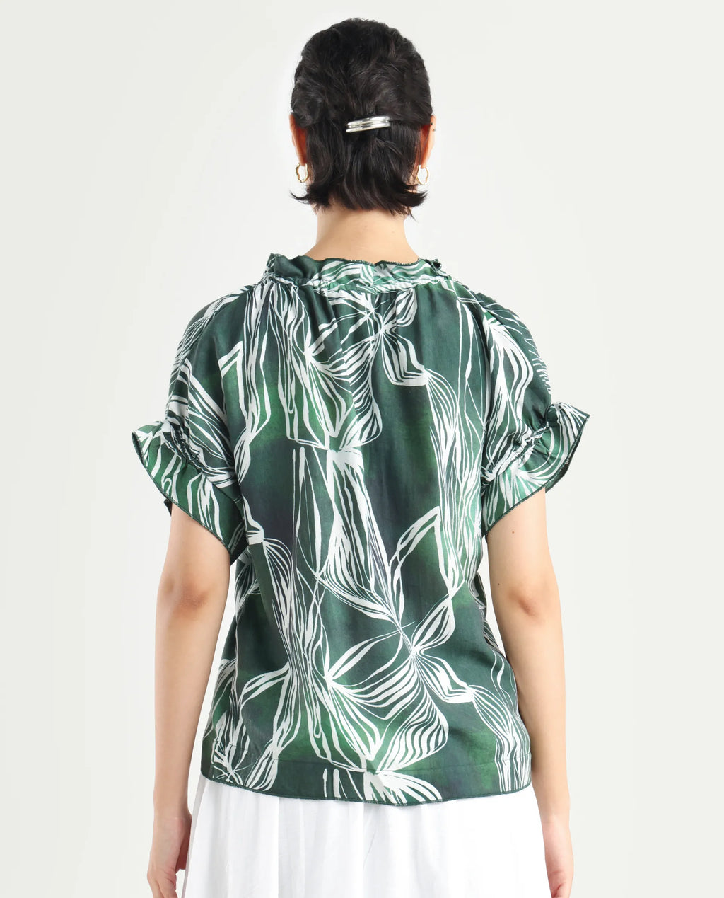 Rareism Women's Tichin Green Viscose Blend V-Neck Abstract Print Extended Sleeves Regular Fit Top