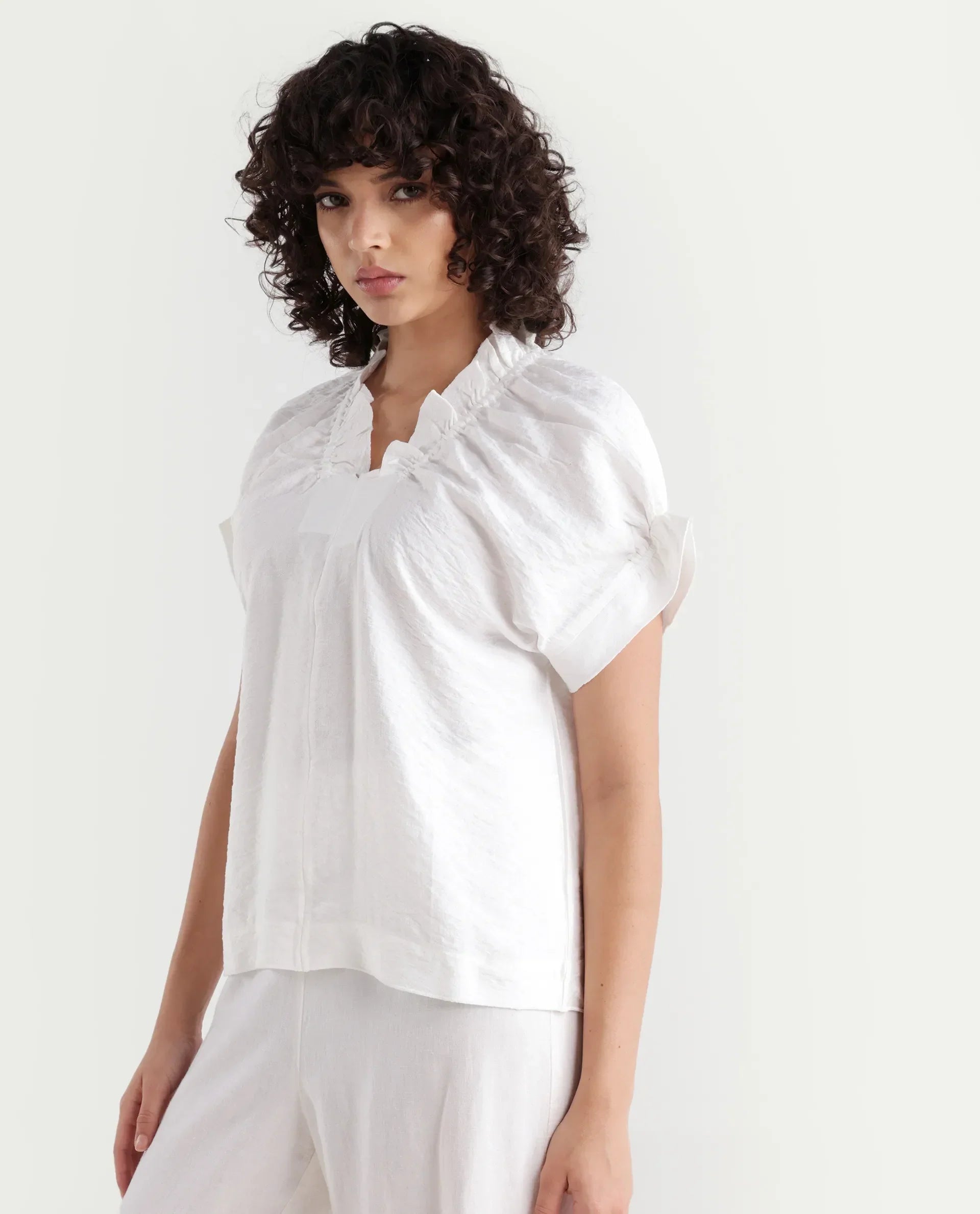 Rareism Women's Tichi White Viscose Blend V-Neck Plain Extended Sleeves Regular Fit Top