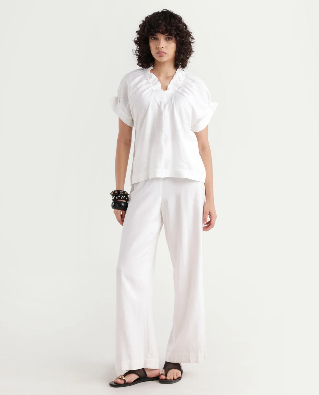 Rareism Women's Tichi White Viscose Blend V-Neck Plain Extended Sleeves Regular Fit Top