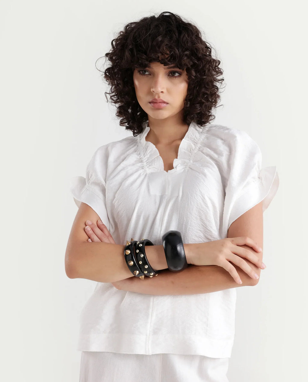 Rareism Women's Tichi White Viscose Blend V-Neck Plain Extended Sleeves Regular Fit Top