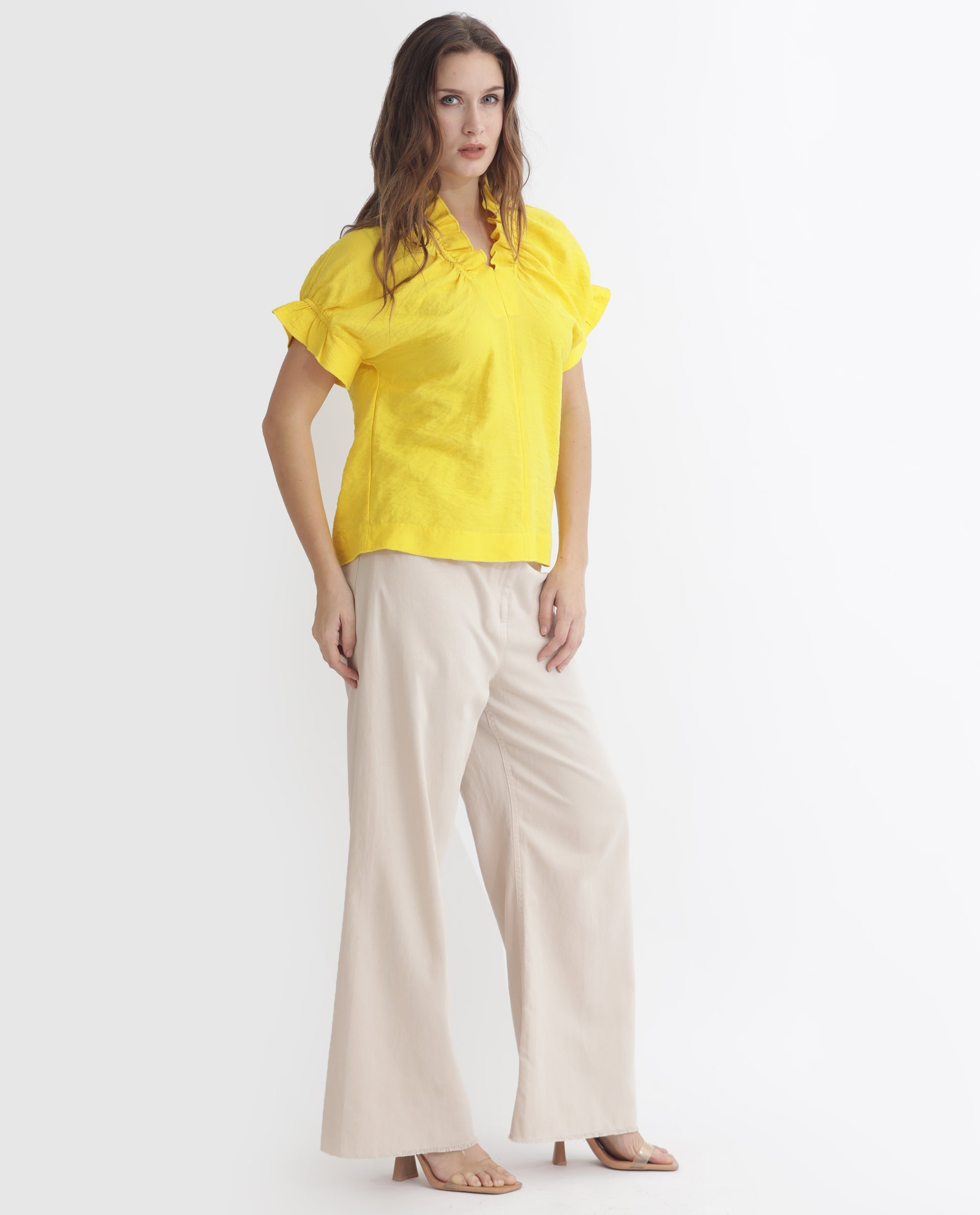 Rareism Women's Tich Yellow Polyester Sweetheart Neck Plain Ruffled Sleeve Regular Fit Top
