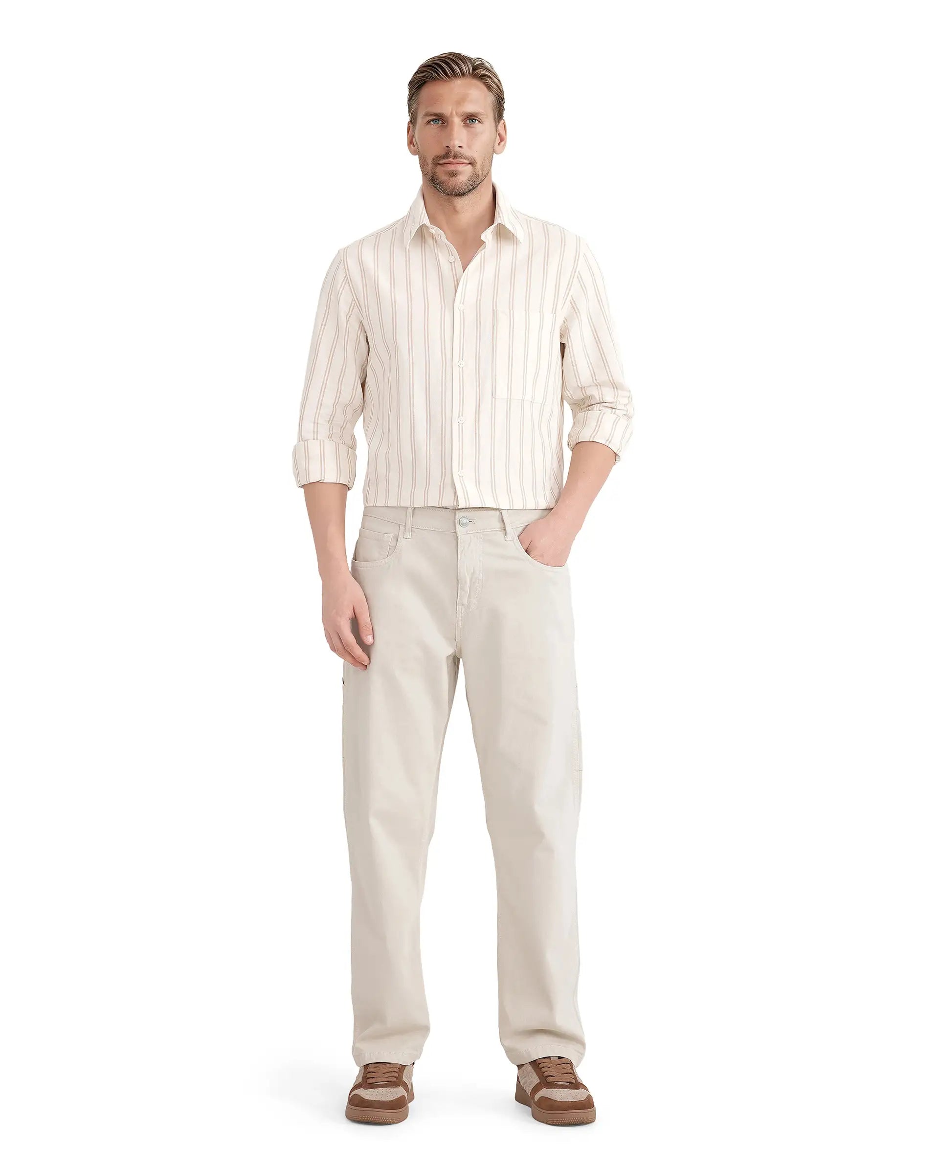 Rare Rabbit Men's Tickob Beige Cotton Striped Print Regular Fit Full Sleeve Collared Shirt