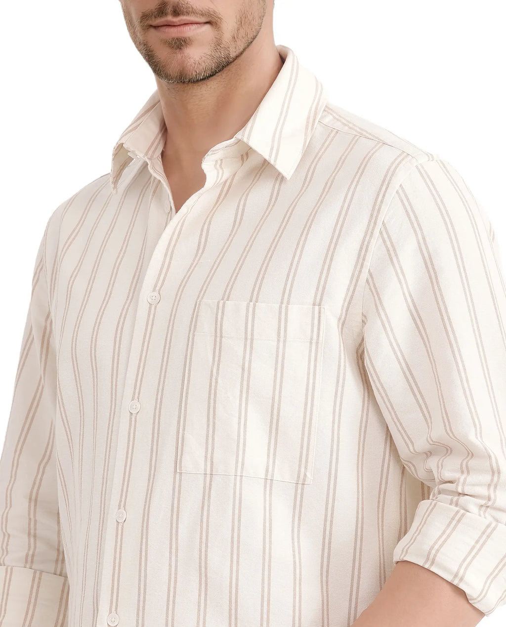 Rare Rabbit Men's Tickob Beige Cotton Striped Print Regular Fit Full Sleeve Collared Shirt