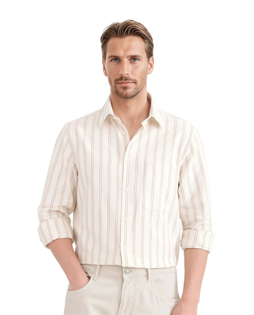 Rare Rabbit Men's Tickob Beige Cotton Striped Print Regular Fit Full Sleeve Collared Shirt
