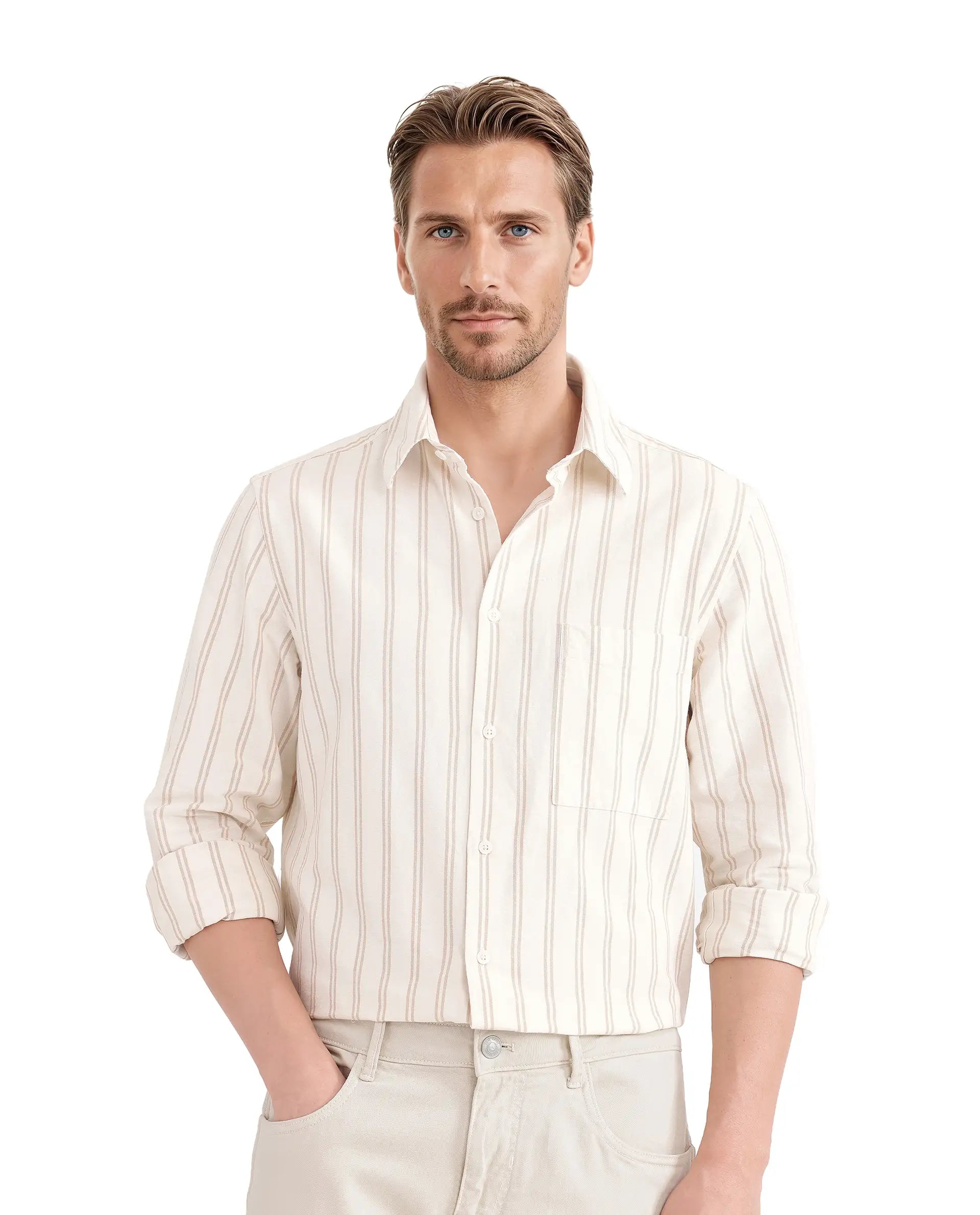 Rare Rabbit Men's Tickob Beige Cotton Striped Print Regular Fit Full Sleeve Collared Shirt