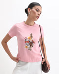 Rareism Women's Tigo Light Pink Cotton Blend Crew Neck Graphic Print Regular Fit T-Shirt