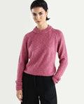 Rareism Women's Tinzol Light Pink Acrylic Blend Crew Neck Relaxed Fit Plain Sweater