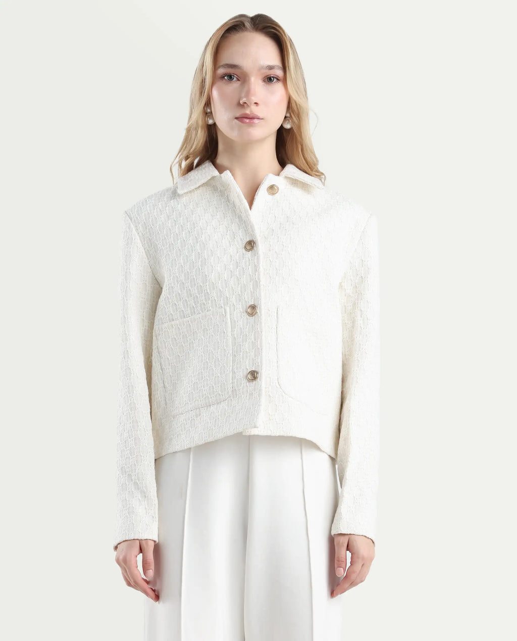 Rareism Women's Tizol-W Off White Polyester Blend Spread Collar Regular Fit Jacket
